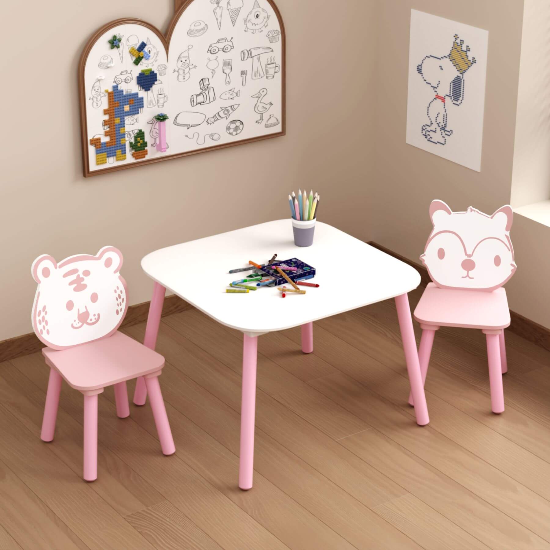MOONRIVER 3-Piece Wooden Toddler Desk with Animal Backrest - Pink & White in a room setting.