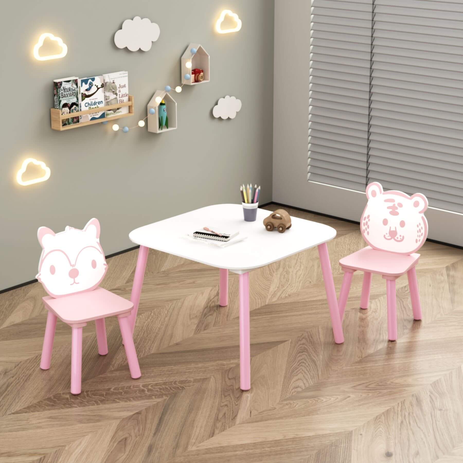 MOONRIVER 3-Piece Wooden Toddler Desk with Animal Backrest - Pink & White in a room setting.