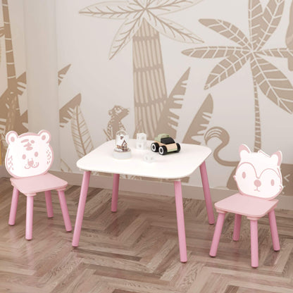 MOONRIVER 3-Piece Wooden Toddler Desk with Animal Backrest - Pink & White in a room with leaf-patterned wallpaper.
