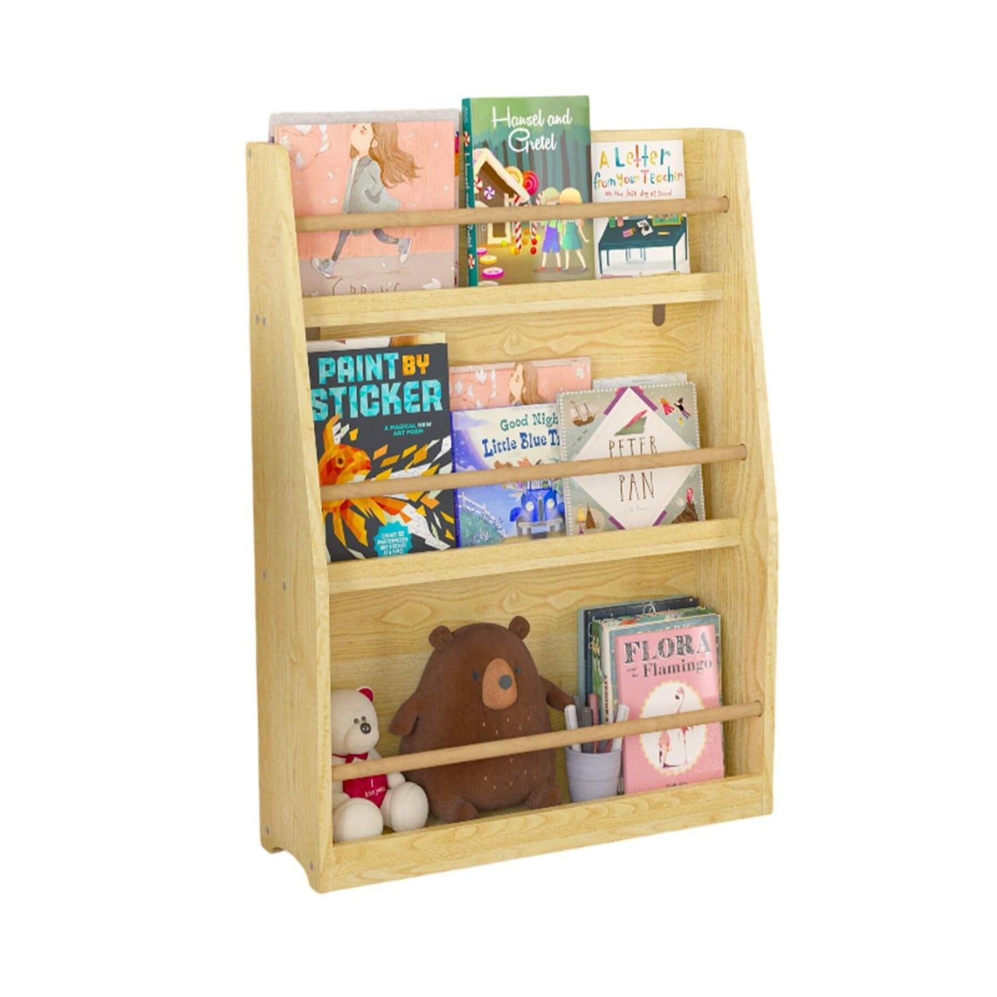 MOONRIVER 3 Tier Kids Book Shelf - Natural with children's books and toys on a white background
