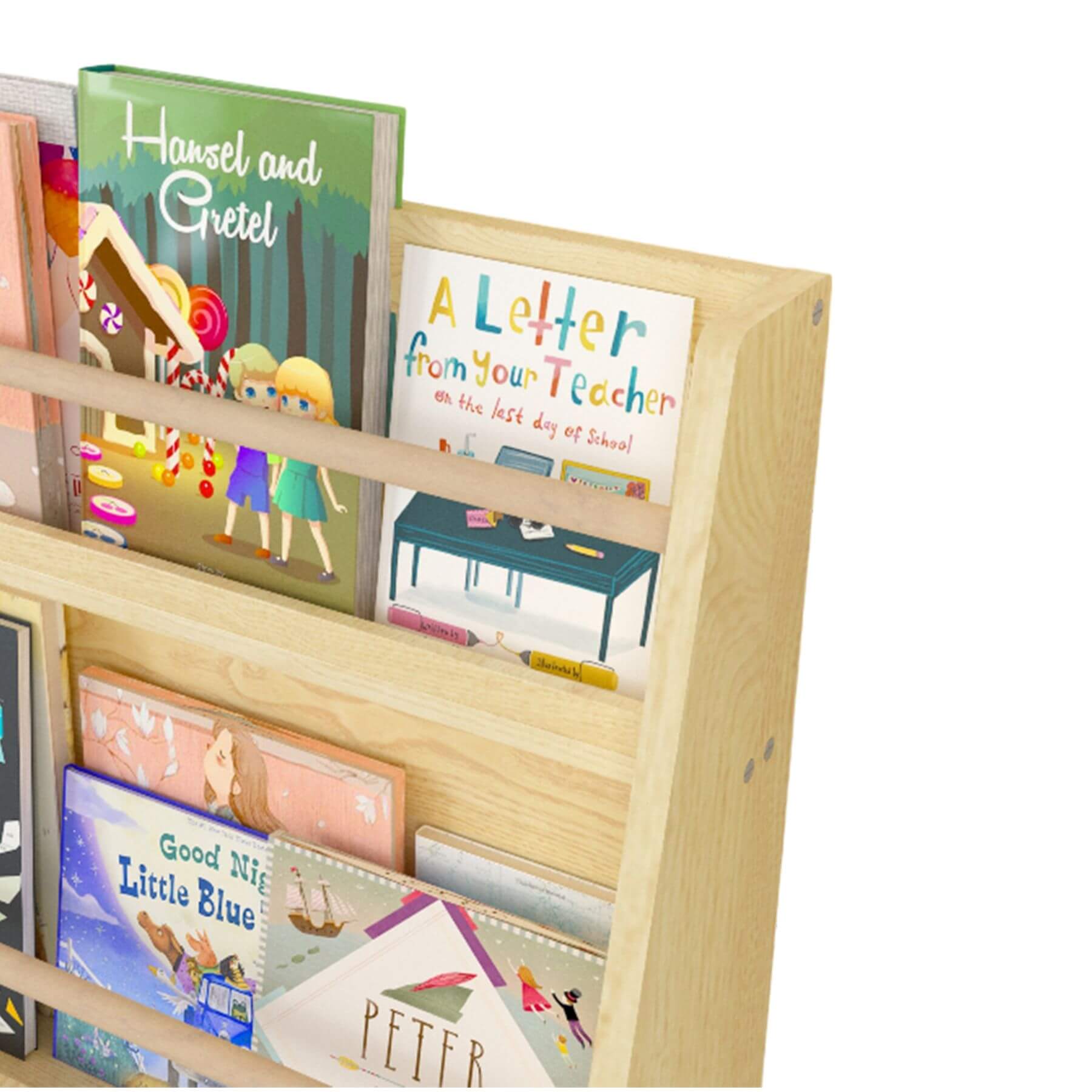 MOONRIVER 3 Tier Kids Book Shelf - Natural with children's books on a white background