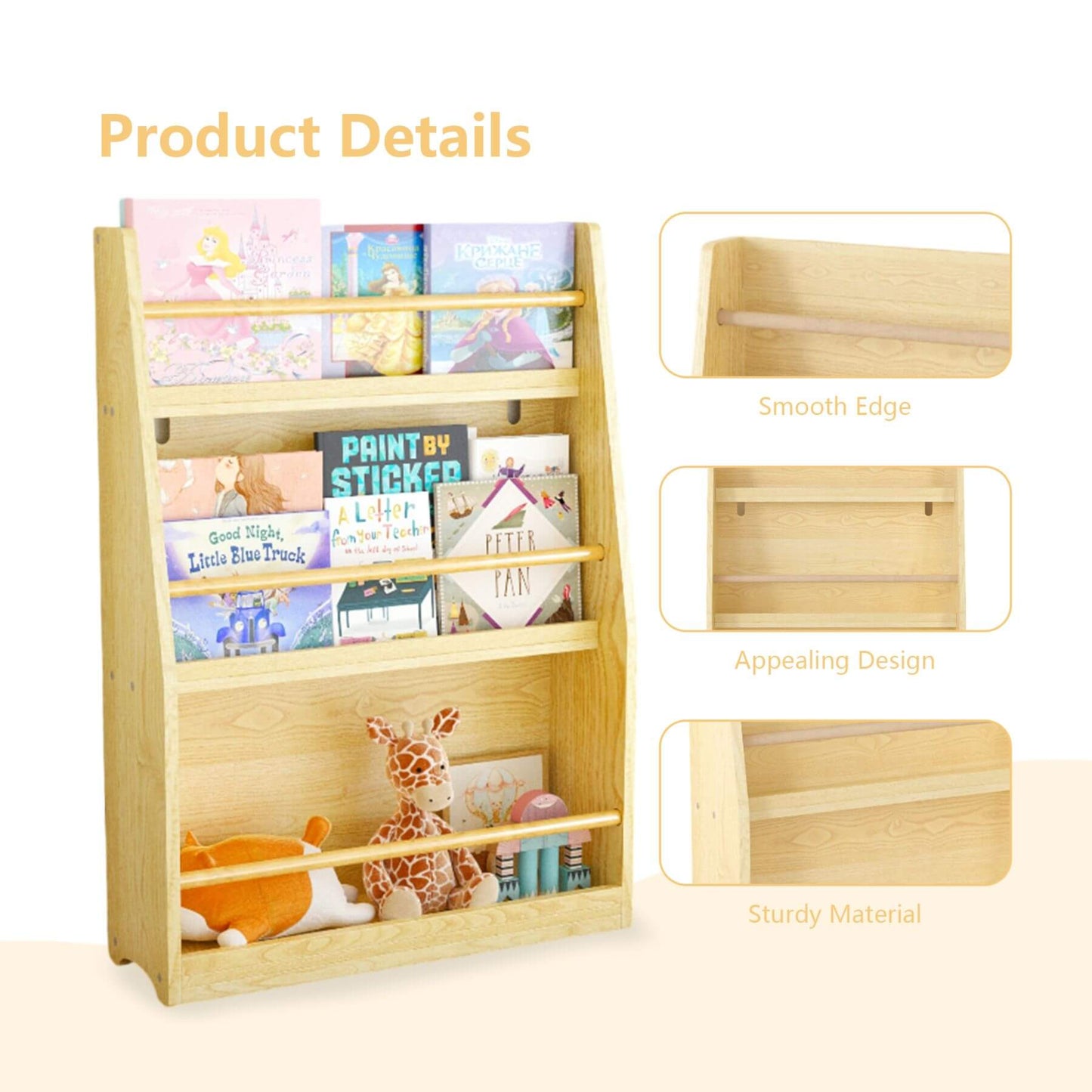 MOONRIVER 3 Tier Kids Book Shelf - Natural with books and toys, featuring details on smooth edge, appealing design, and sturdy material.