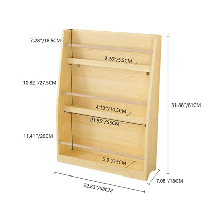 MOONRIVER 3 Tier Kids Book Shelf - Natural with dimensions labeled on a white background