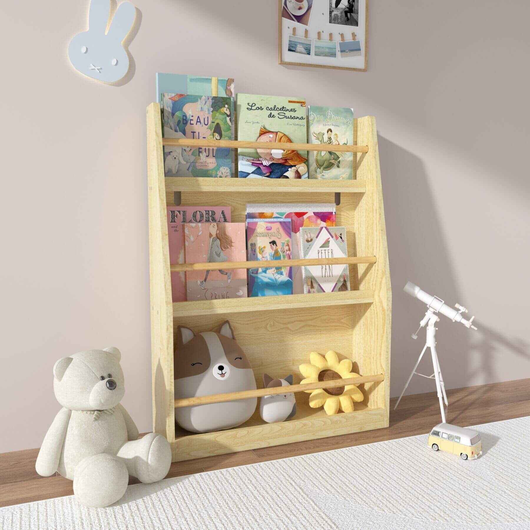 MOONRIVER 3 Tier Kids Book Shelf - Natural with children's books and toys in a room setting