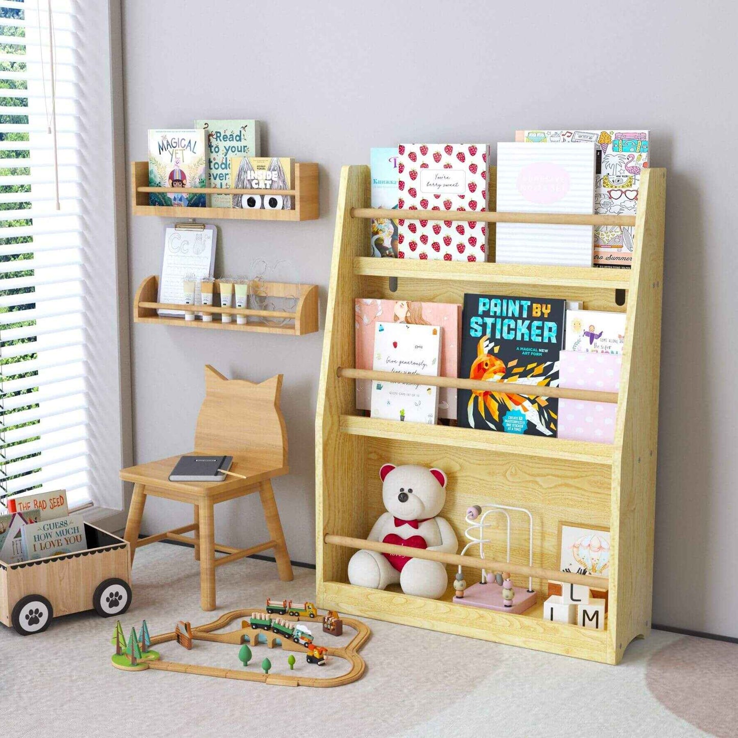 MOONRIVER 3 Tier Kids Book Shelf - Natural with children's books and toys in a room setting