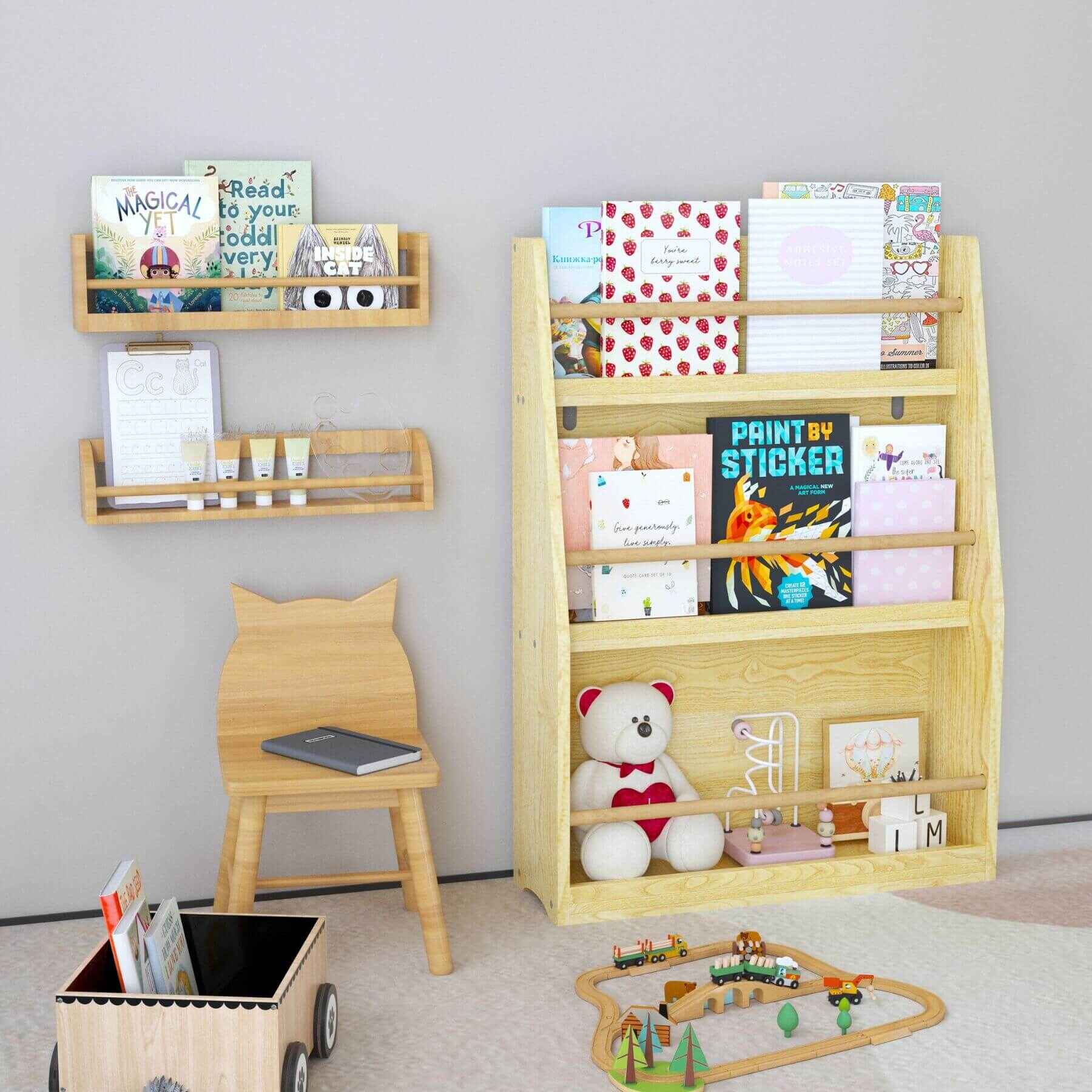 MOONRIVER 3 Tier Kids Book Shelf - Natural with children's books and toys in a room setting