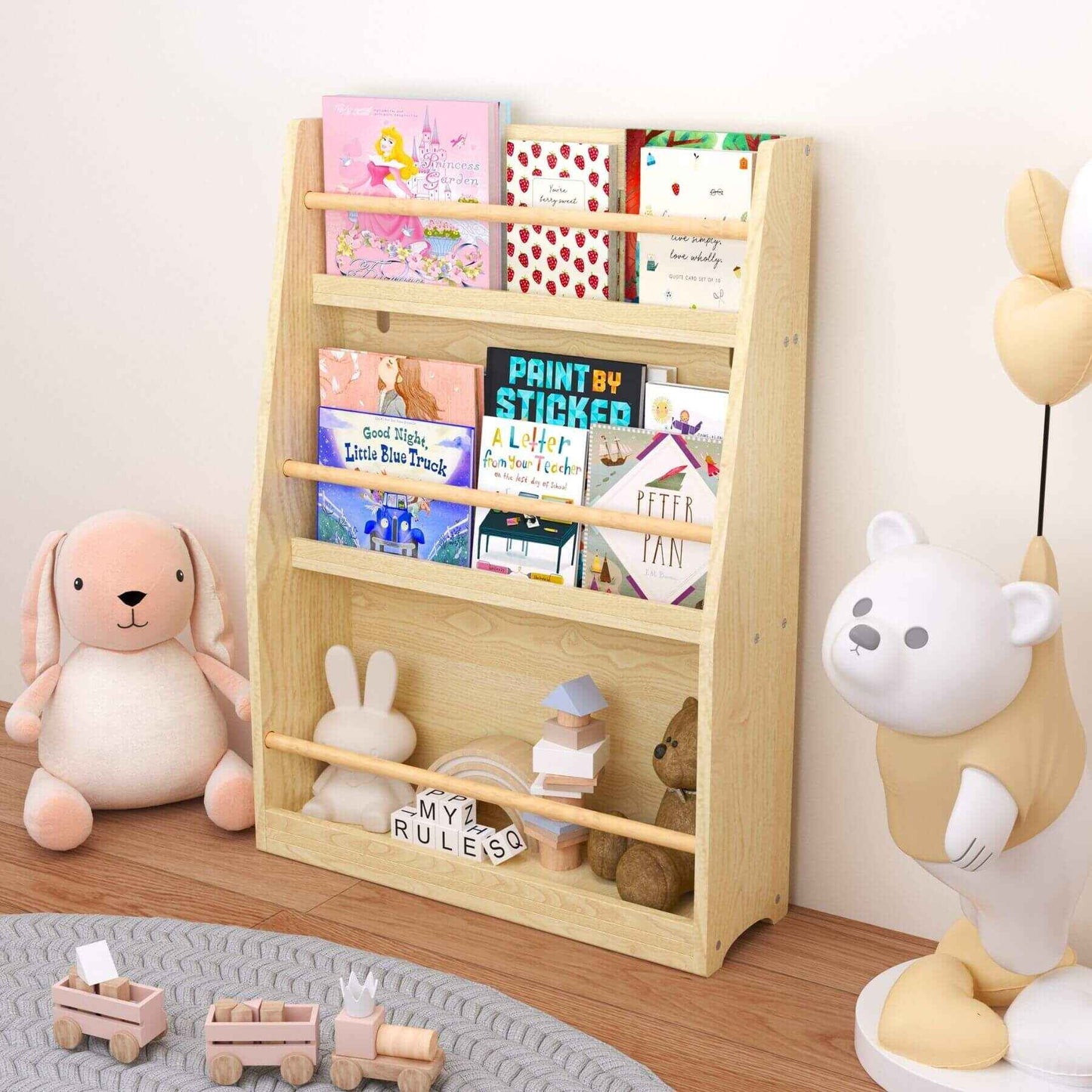 MOONRIVER 3 Tier Kids Book Shelf - Natural with children's books and toys in a room setting