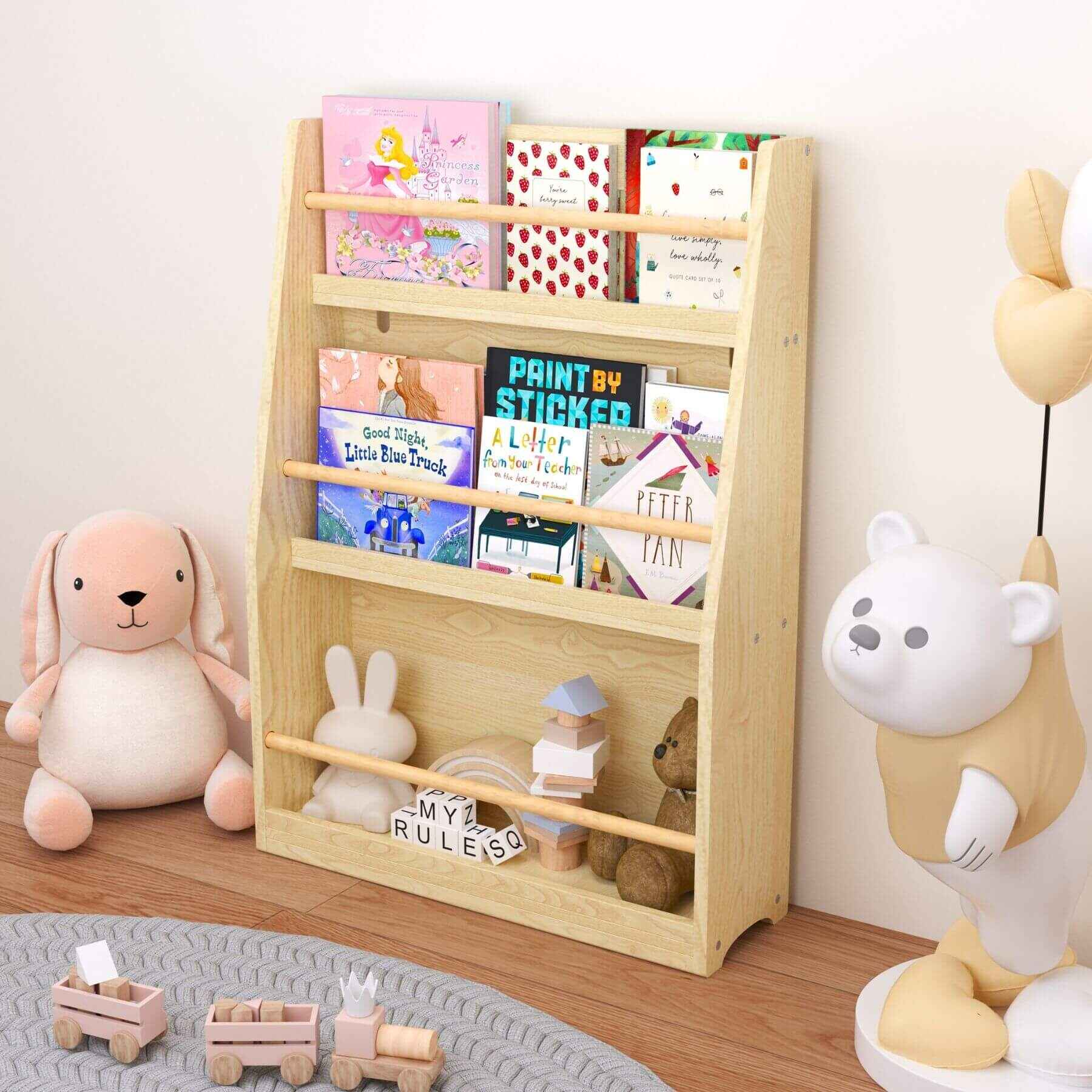 MOONRIVER 3 Tier Kids Book Shelf - Natural with children's books and toys in a room setting
