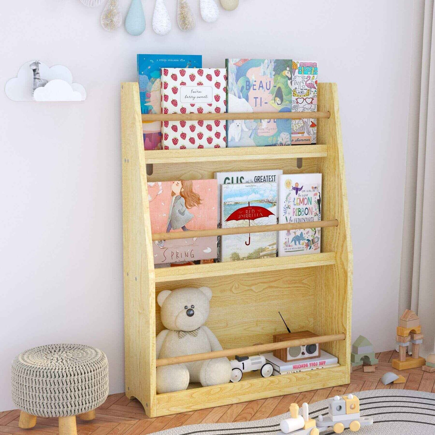 MOONRIVER 3 Tier Kids Book Shelf - Natural with children's books and a teddy bear in a room setting.