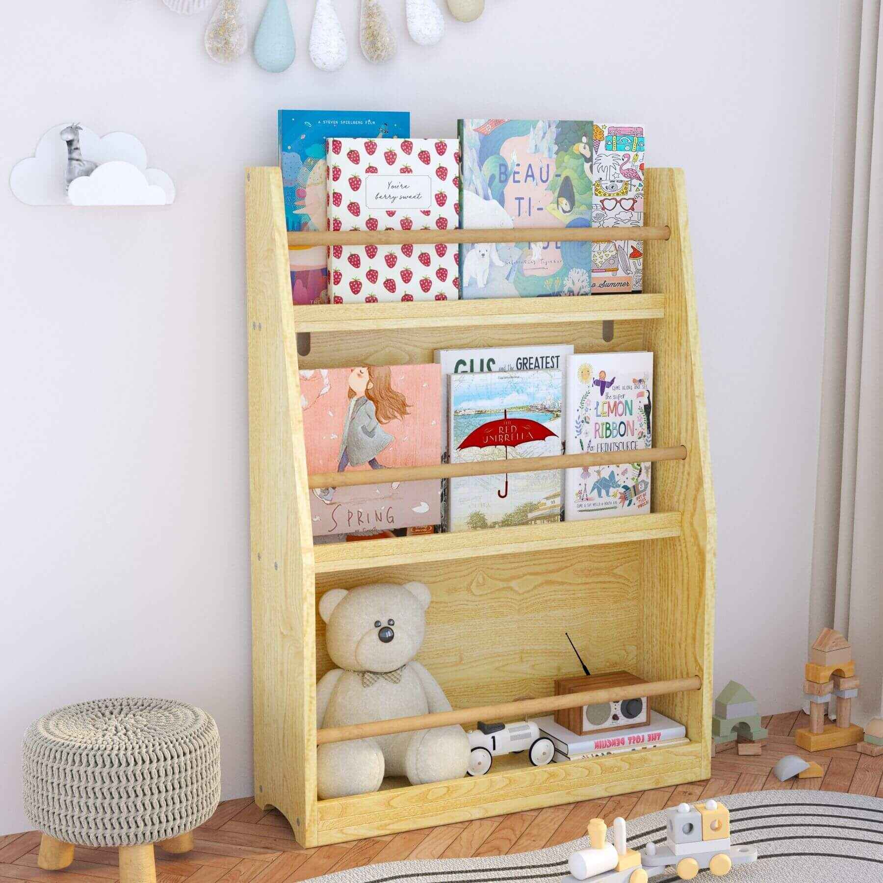 MOONRIVER 3 Tier Kids Book Shelf - Natural with children's books and a teddy bear in a room setting.