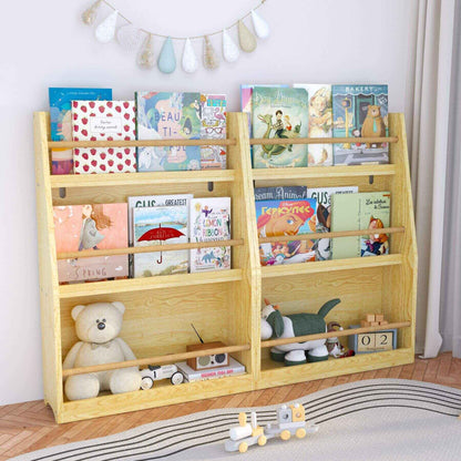 MOONRIVER 3 Tier Kids Book Shelf - Natural with children's books and toys in a room setting