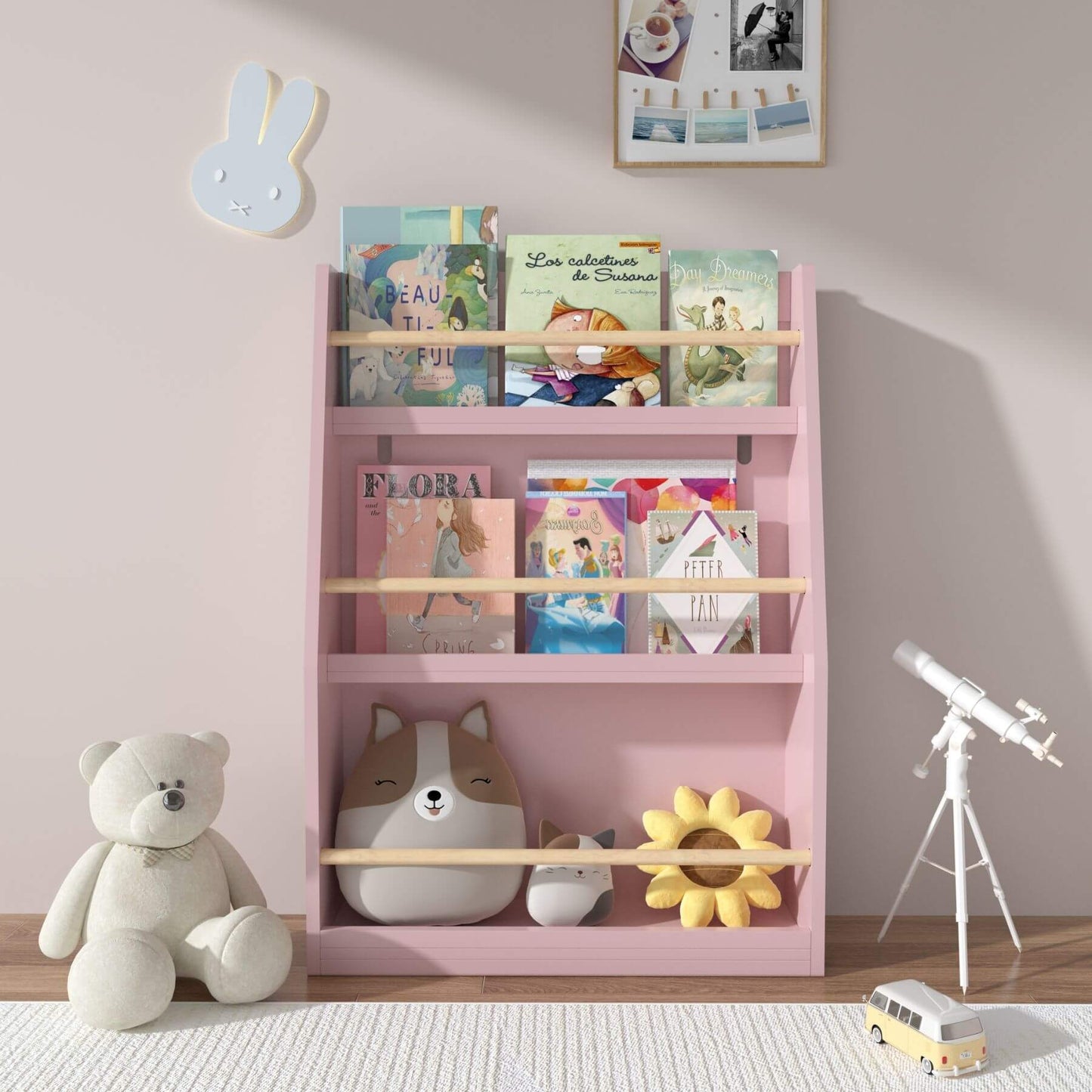 MOONRIVER 3 Tier Kids Book Shelf - Pink with books, toys, and decorative items against a light gray wall.