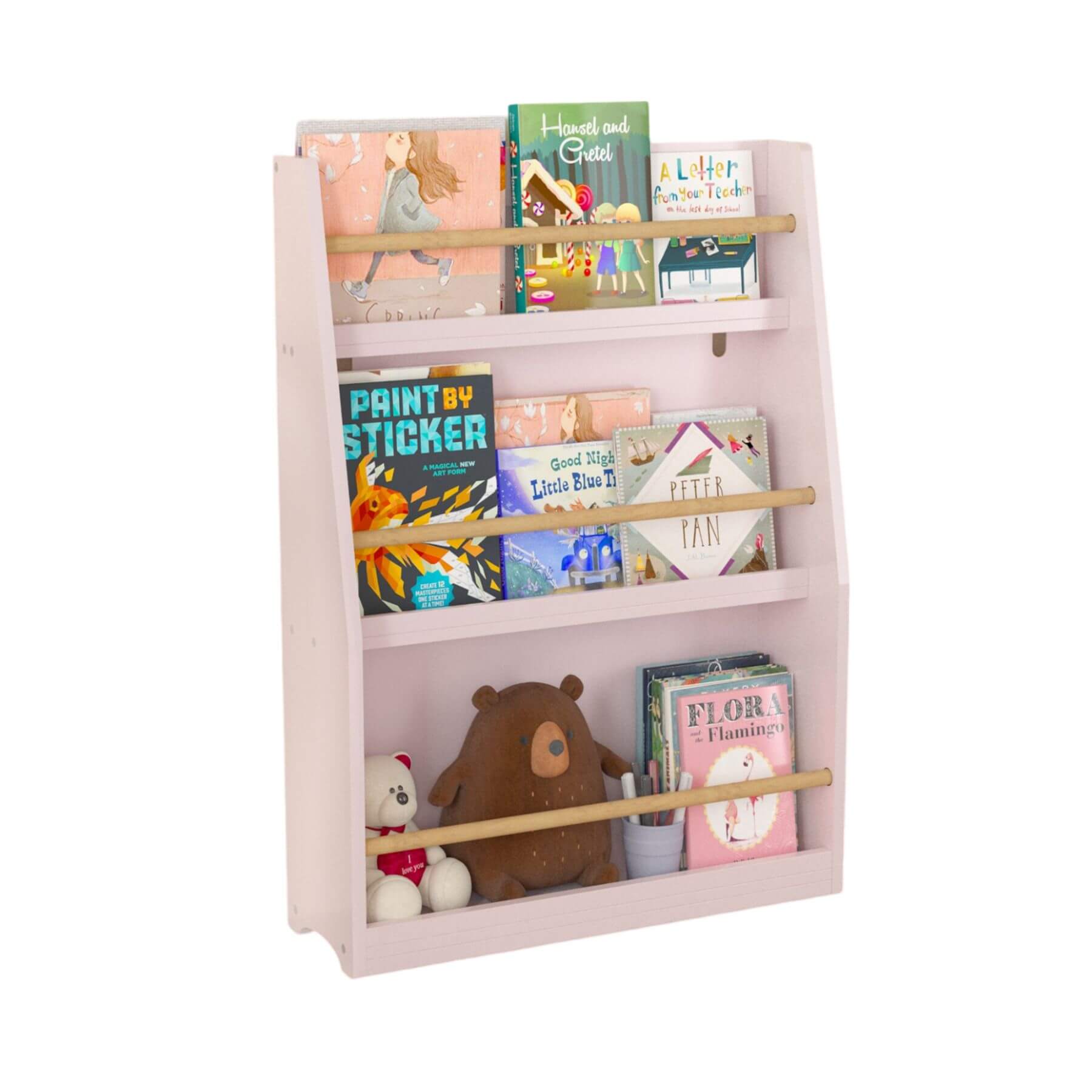 MOONRIVER 3 Tier Kids Book Shelf - Pink with books and toys on a white background