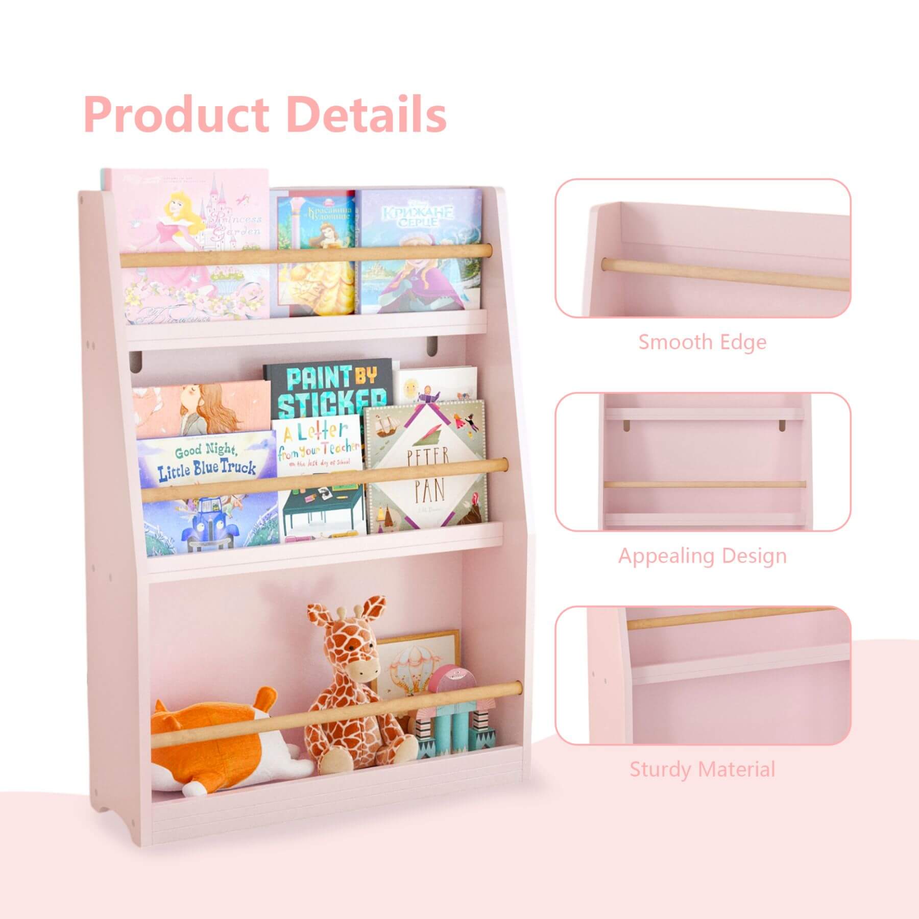 MOONRIVER 3 Tier Kids Book Shelf - Pink with books and toys, featuring product details on a white background.