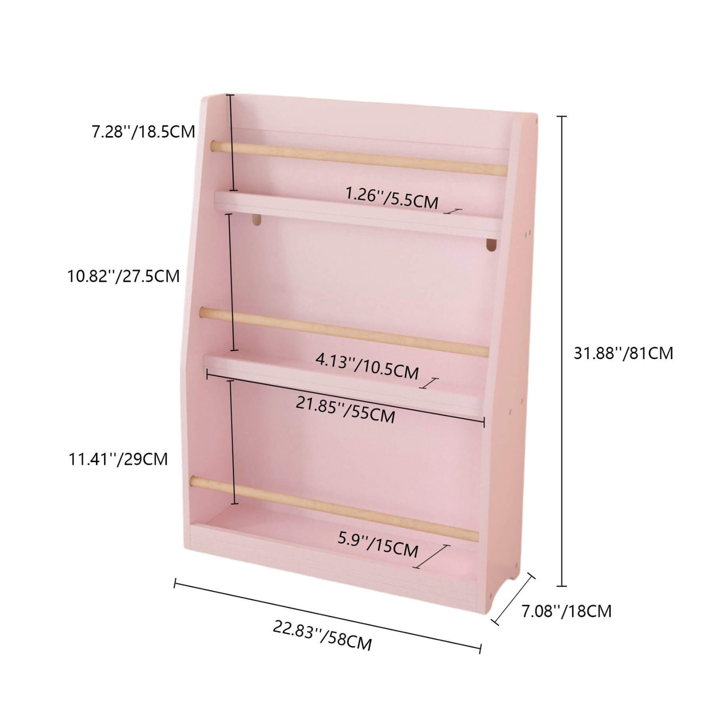 MOONRIVER 3 Tier Kids Book Shelf - Pink with dimensions labeled on a white background