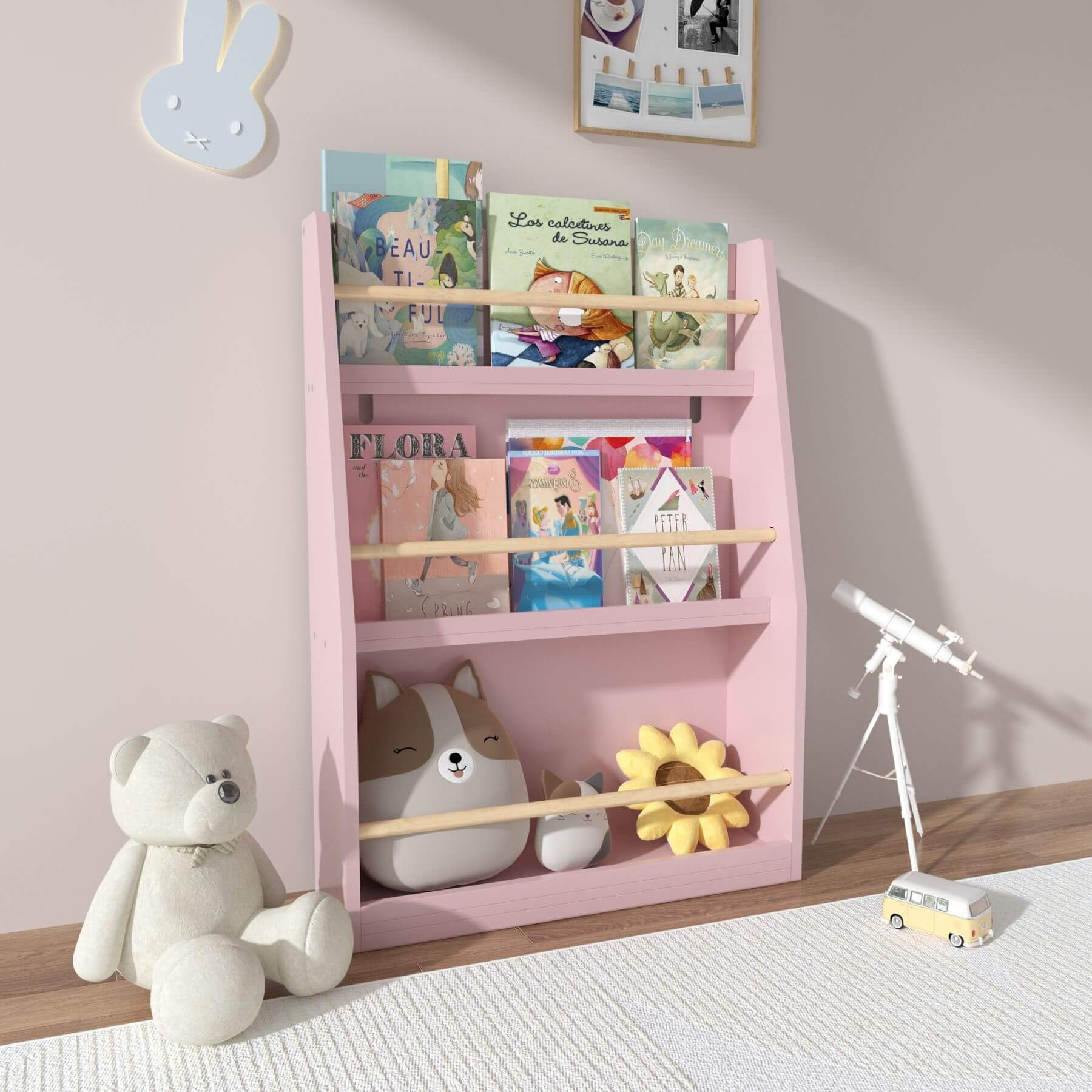 MOONRIVER 3 Tier Kids Book Shelf - Pink with books and toys in a room setting