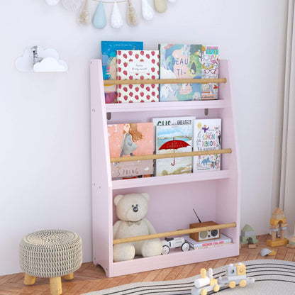MOONRIVER 3 Tier Kids Book Shelf - Pink with books and toys in a room setting