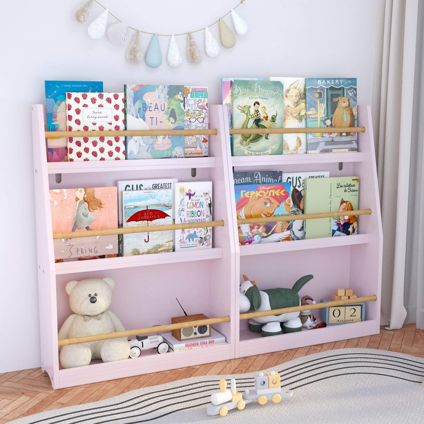 MOONRIVER 3 Tier Kids Book Shelf - Pink with books and toys in a room setting