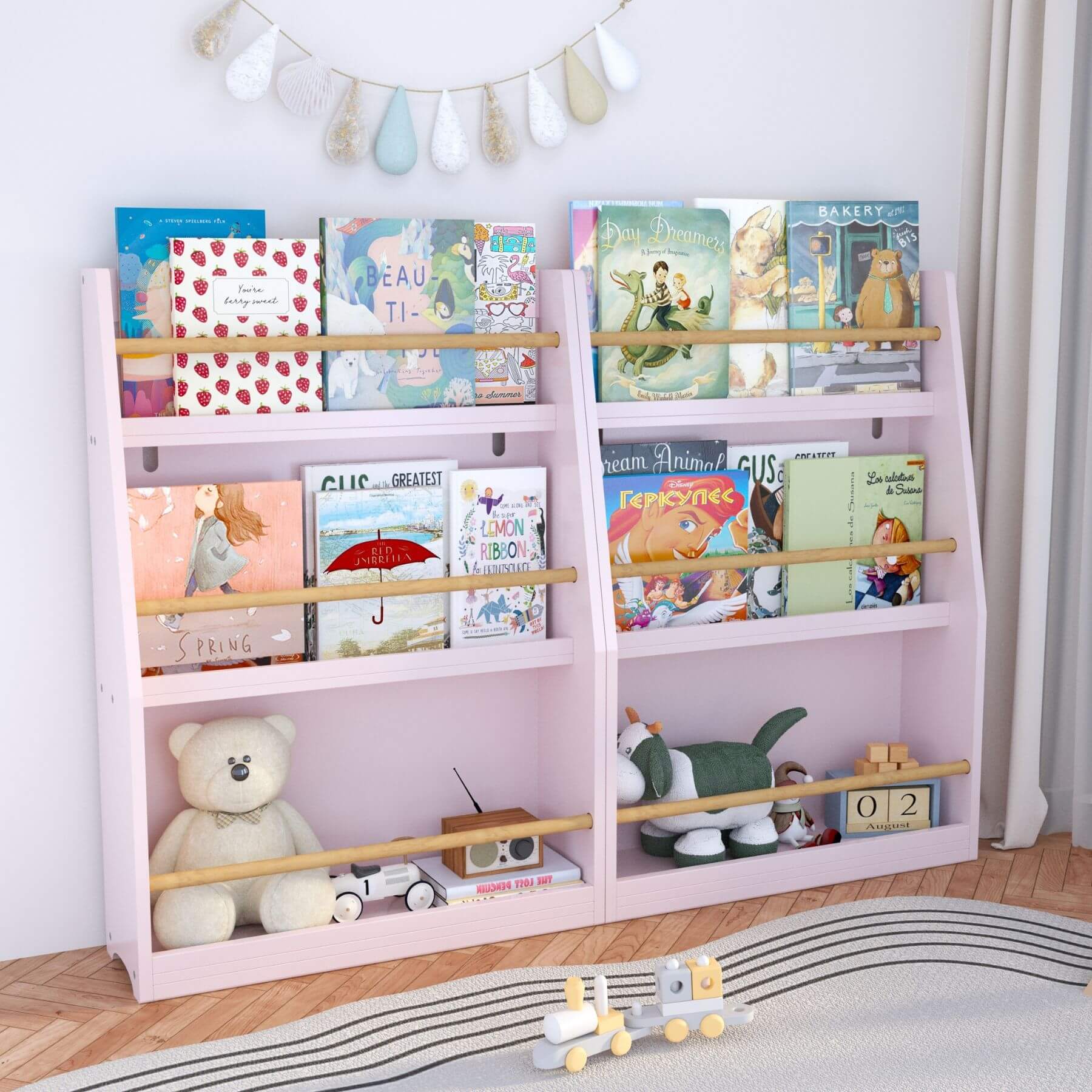 MOONRIVER 3 Tier Kids Book Shelf - Pink with books and toys in a room setting