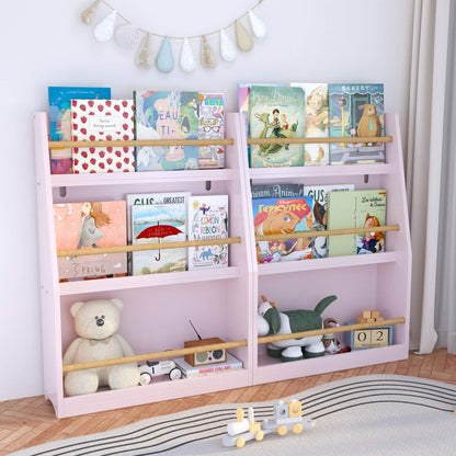 MOONRIVER 3 Tier Kids Book Shelf - Pink with books and toys in a room setting