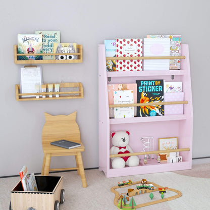 MOONRIVER 3 Tier Kids Book Shelf - Pink with books and toys in a room setting