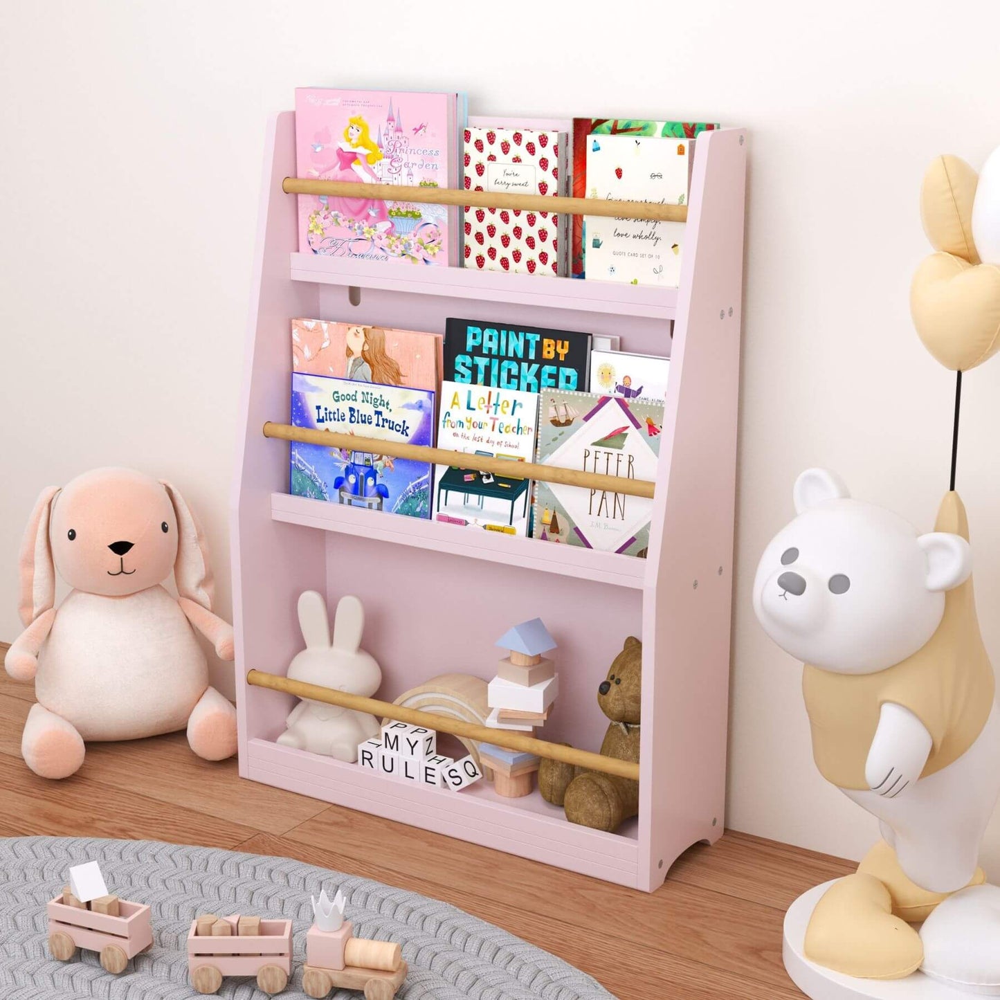 MOONRIVER 3 Tier Kids Book Shelf - Pink with books and toys in a room setting
