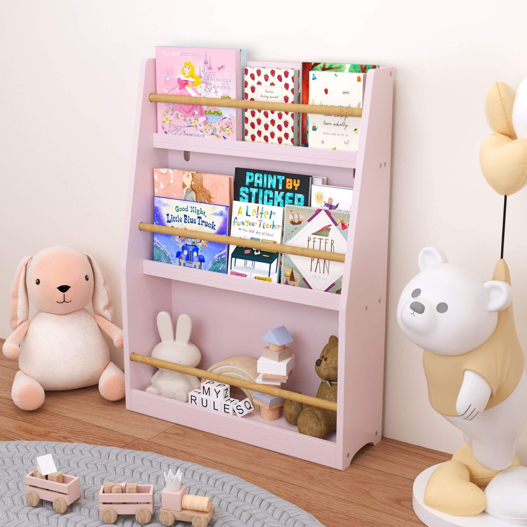 MOONRIVER 3 Tier Kids Book Shelf - Pink with books and toys in a room setting