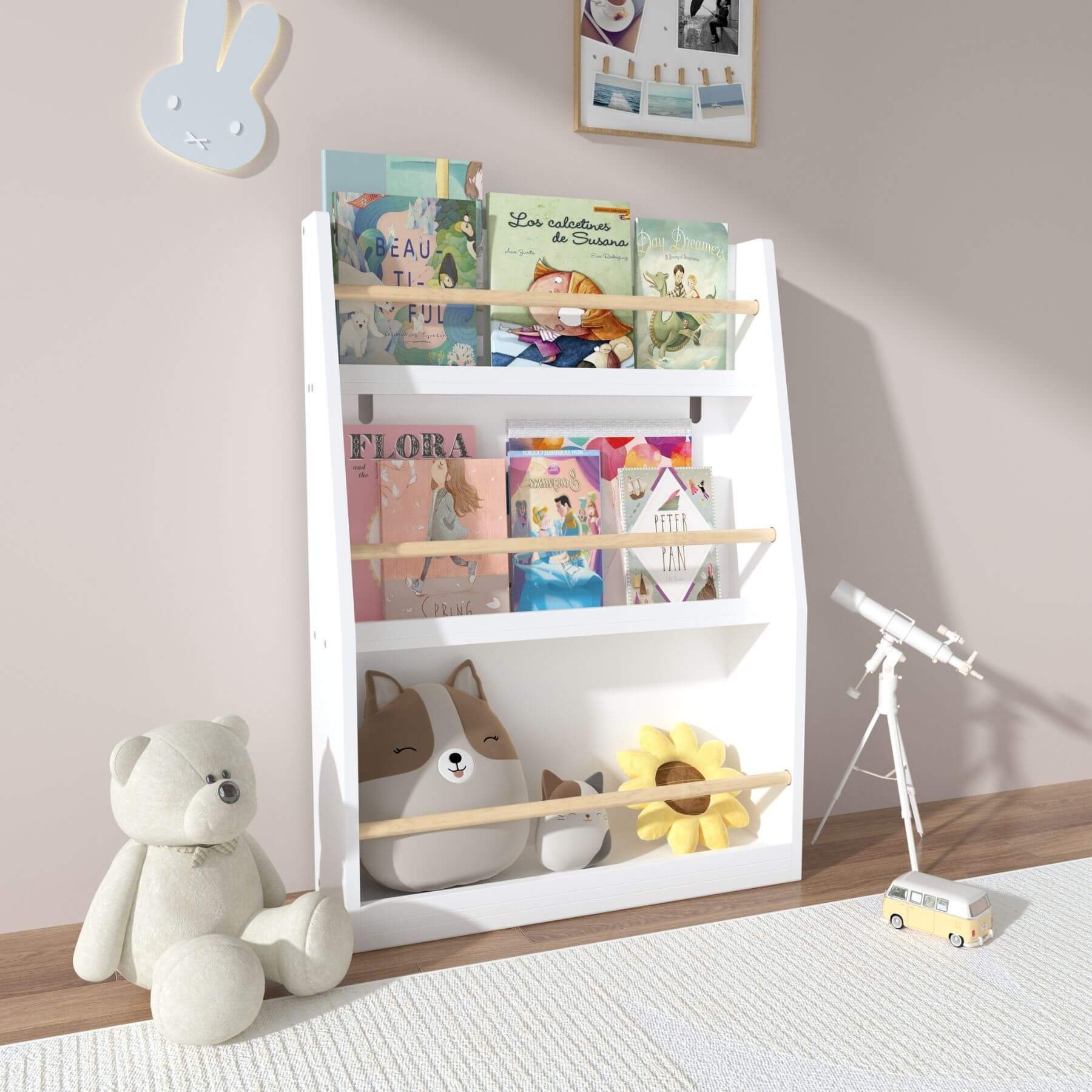 MOONRIVER 3 Tier Kids Book Shelf - White with children's books and toys in a room setting