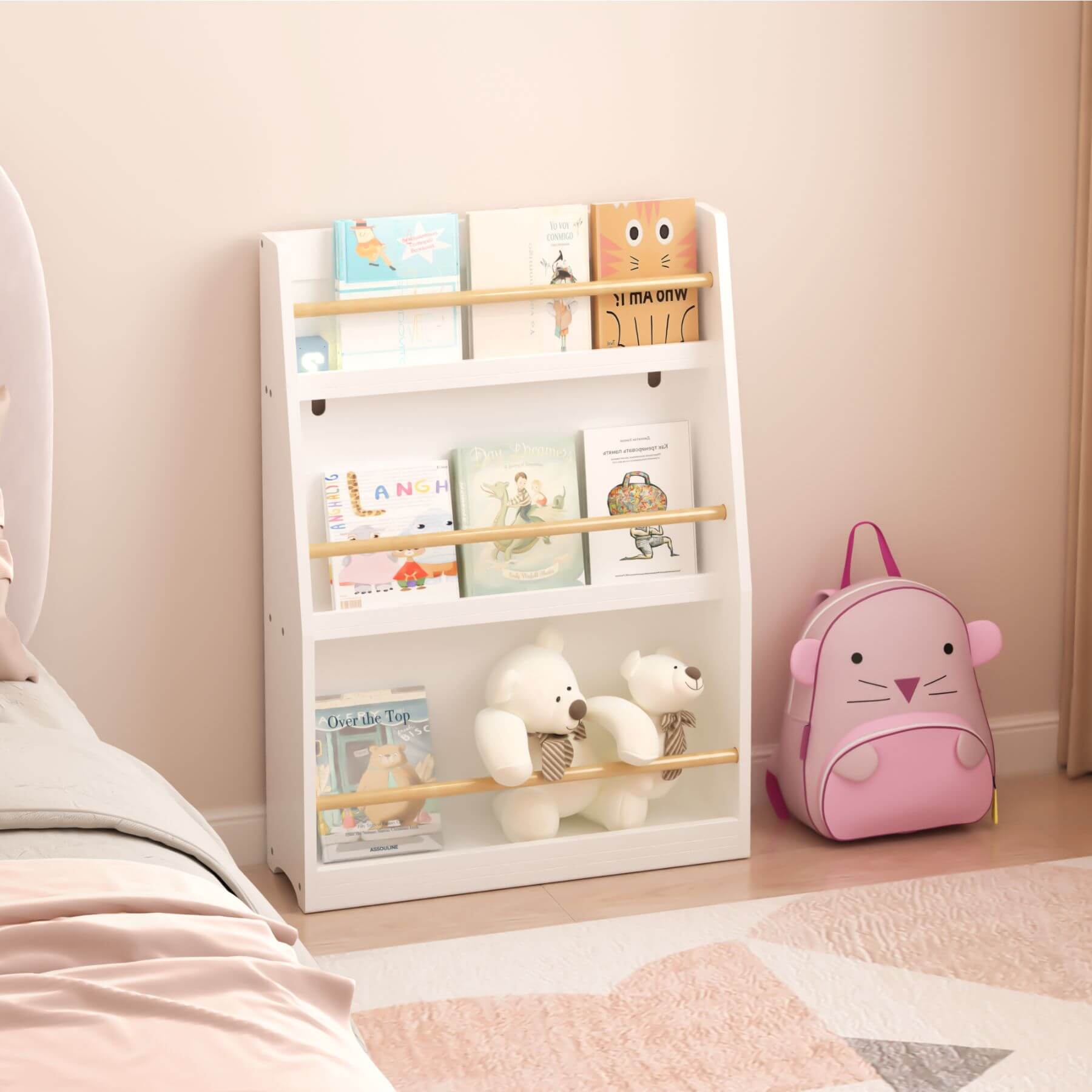 MOONRIVER 3 Tier Kids Book Shelf - White with books and toys next to a pink backpack in a room.
