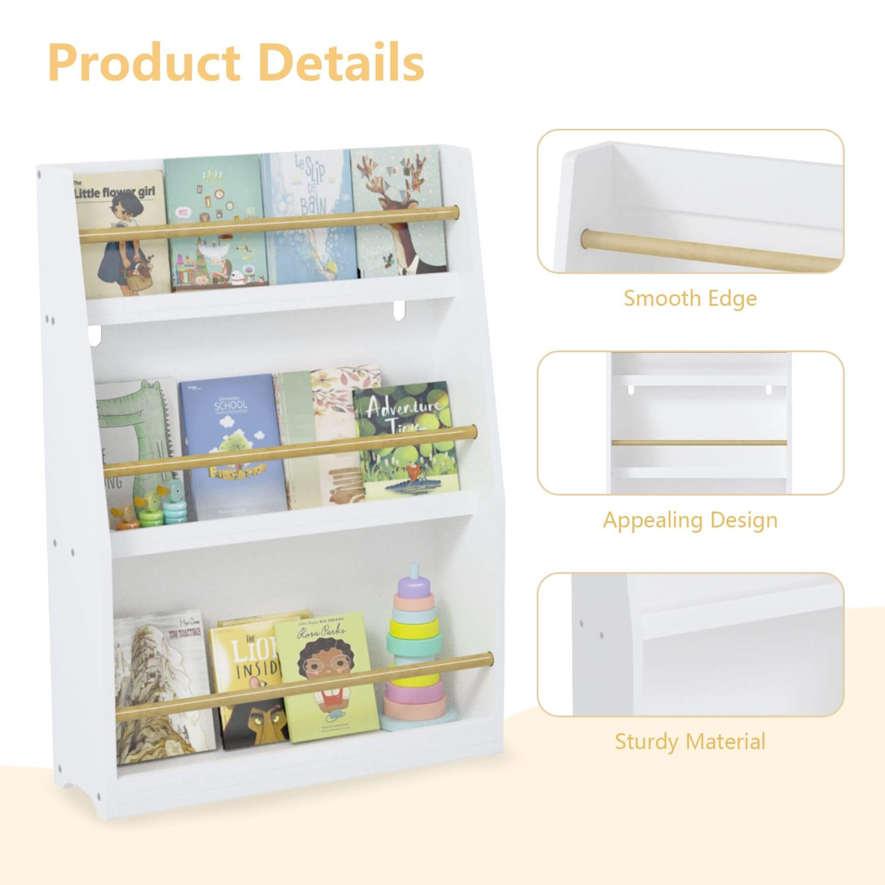 MOONRIVER 3 Tier Kids Book Shelf - White with books and a smooth edge feature on a beige background