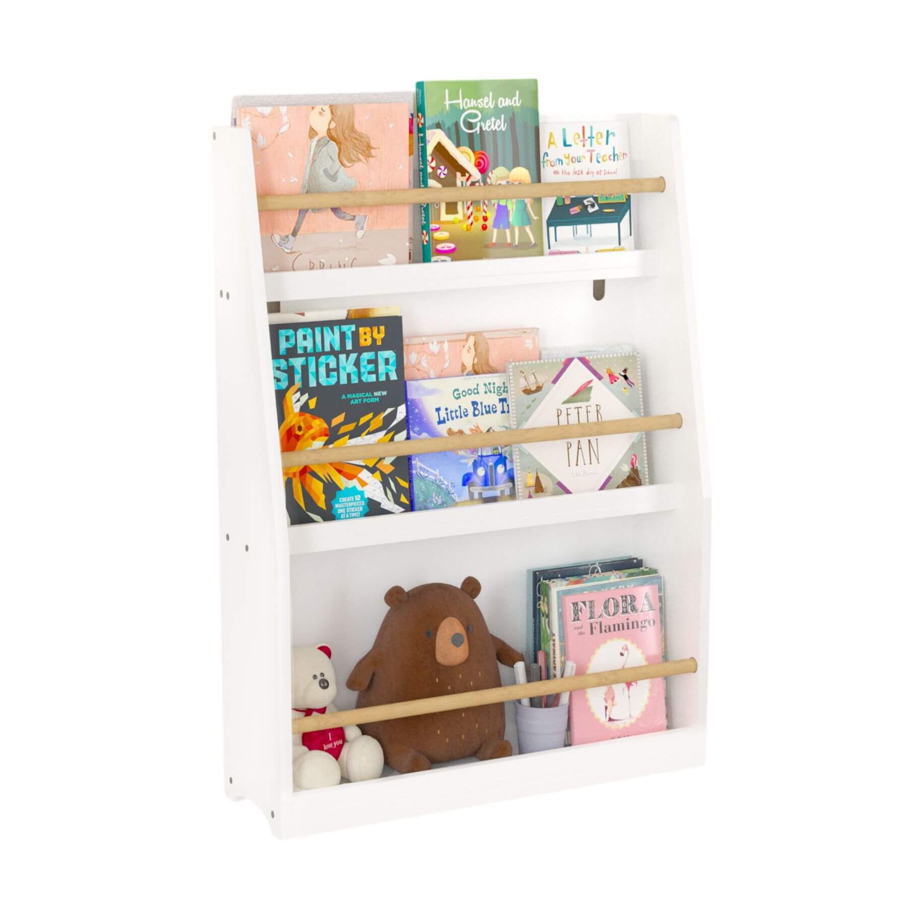 MOONRIVER 3 Tier Kids Book Shelf - White with books and a teddy bear on a white background