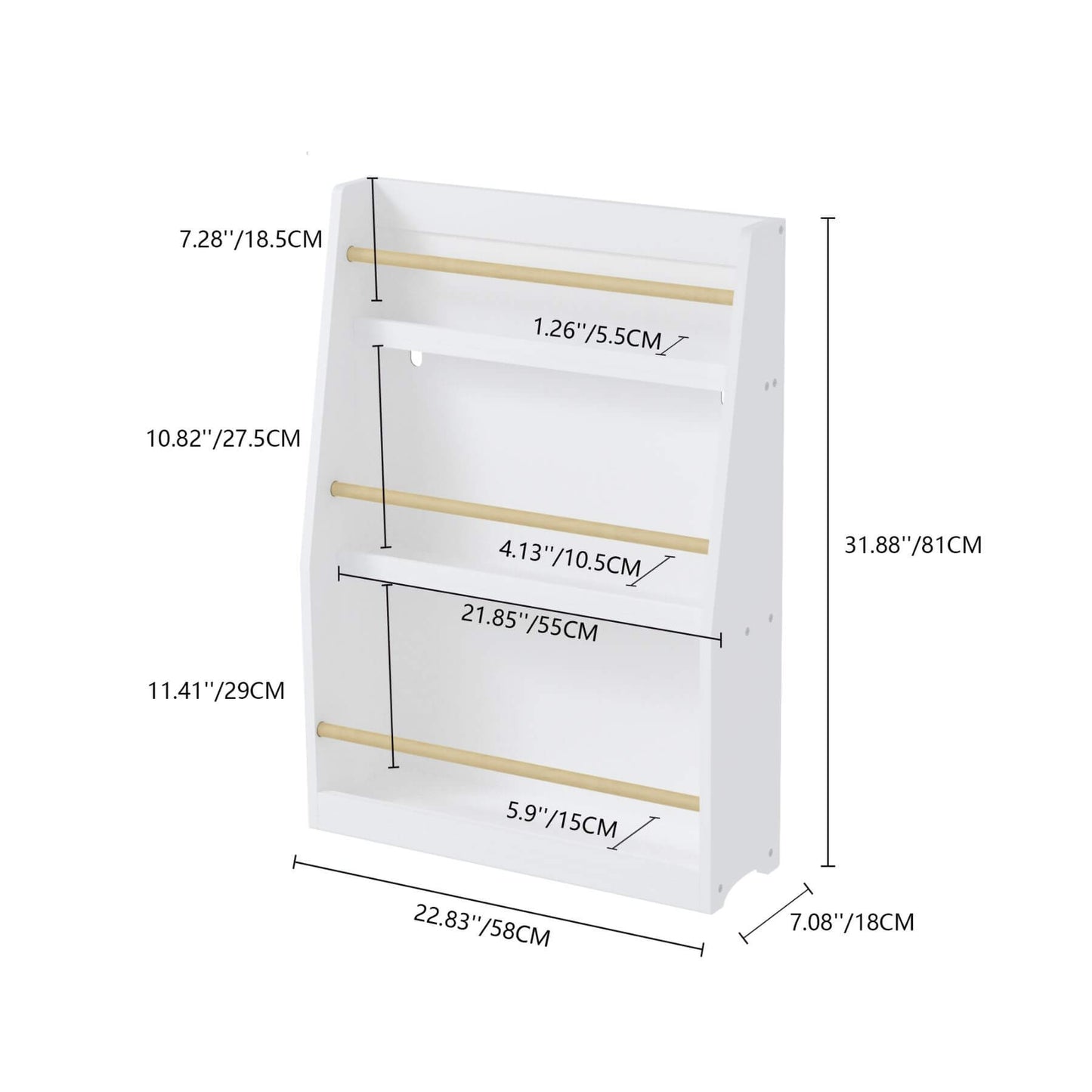 MOONRIVER 3 Tier Kids Book Shelf - White with dimensions labeled on a white background