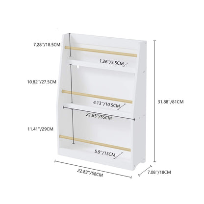 MOONRIVER 3 Tier Kids Book Shelf - White with dimensions labeled on a white background