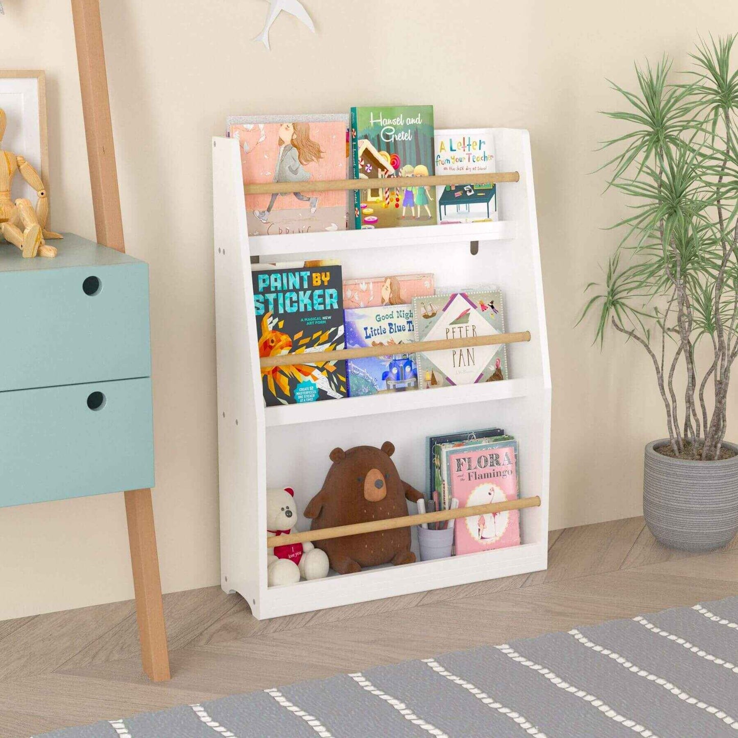 MOONRIVER 3 Tier Kids Book Shelf - White with books and toys in a room setting.