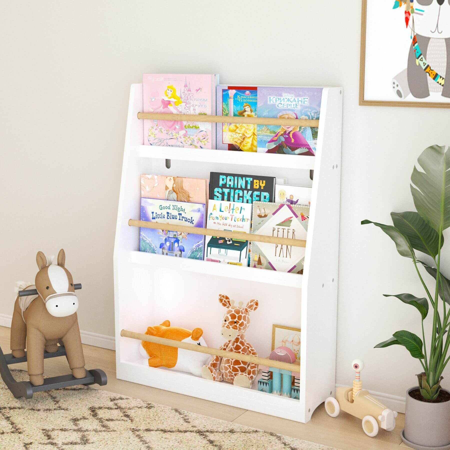 MOONRIVER 3 Tier Kids Book Shelf - White with books and toys in a room setting