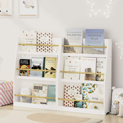 MOONRIVER 3 Tier Kids Book Shelf - White with books and decorative items against a light gray wall.