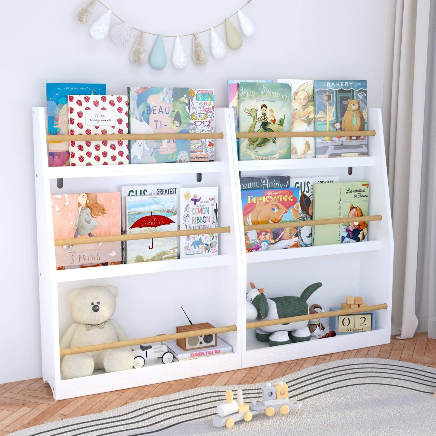 MOONRIVER 3 Tier Kids Book Shelf - White with books and toys in a child's room