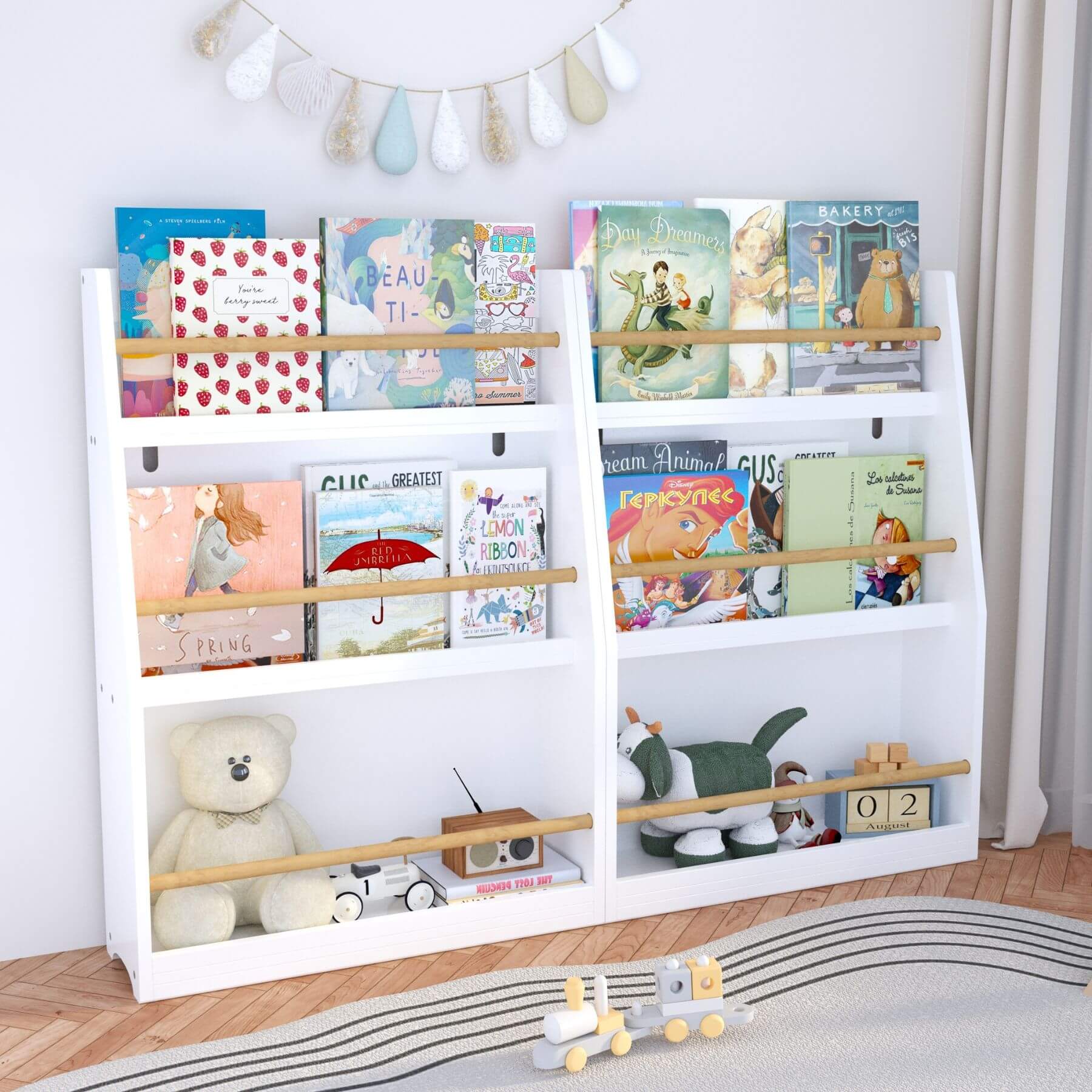 MOONRIVER 3 Tier Kids Book Shelf - White with books and toys in a child's room