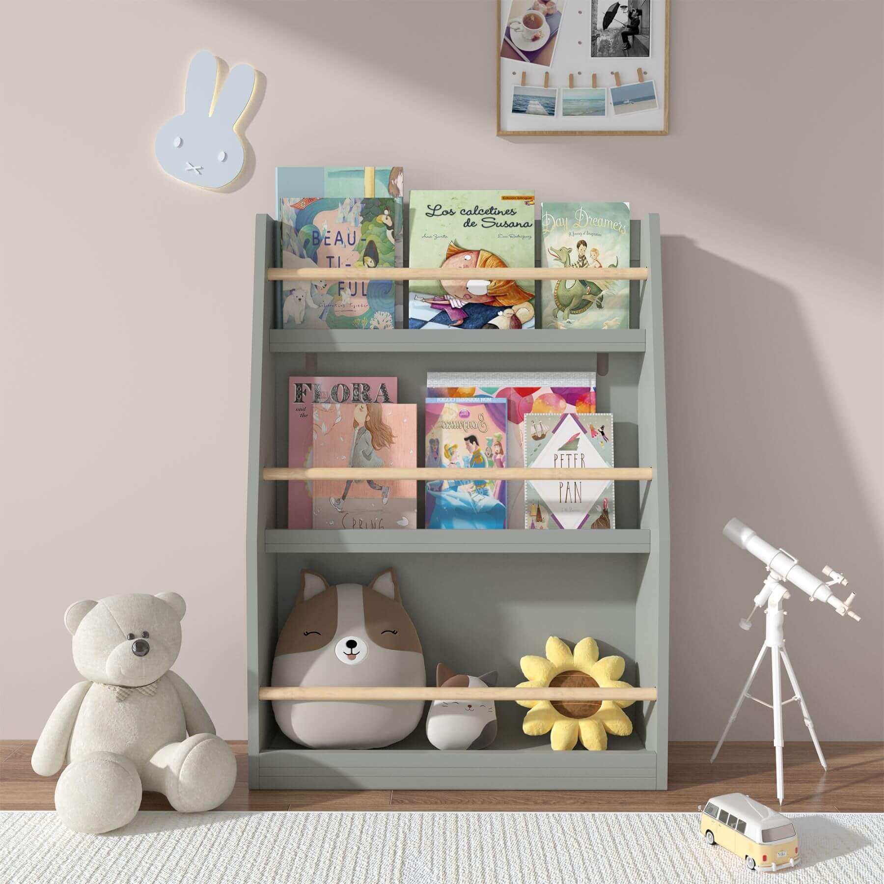 MOONRIVER 3 Tier Kids Book Shelf - Gray with books, toys, and a teddy bear in a room setting.