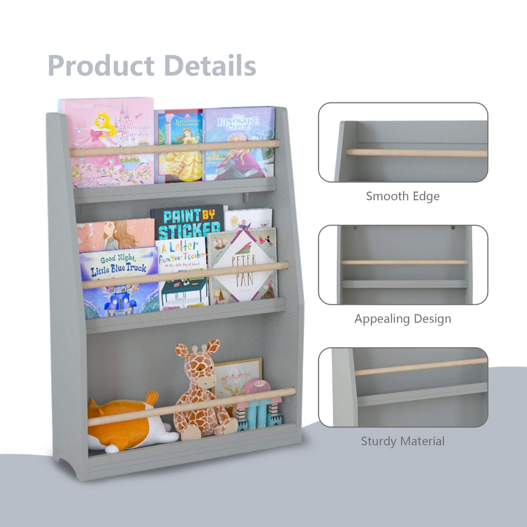 MOONRIVER 3 Tier Kids Book Shelf - Gray with books and toys, featuring smooth edge, appealing design, and sturdy material details.