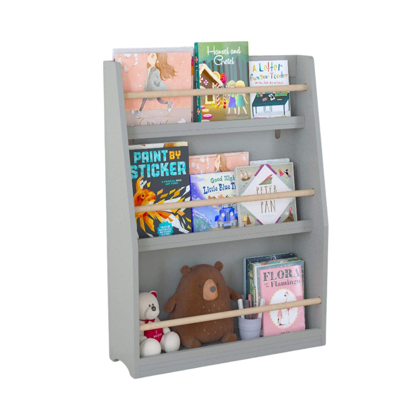 MOONRIVER 3 Tier Kids Book Shelf - Gray with books and toys on a white background
