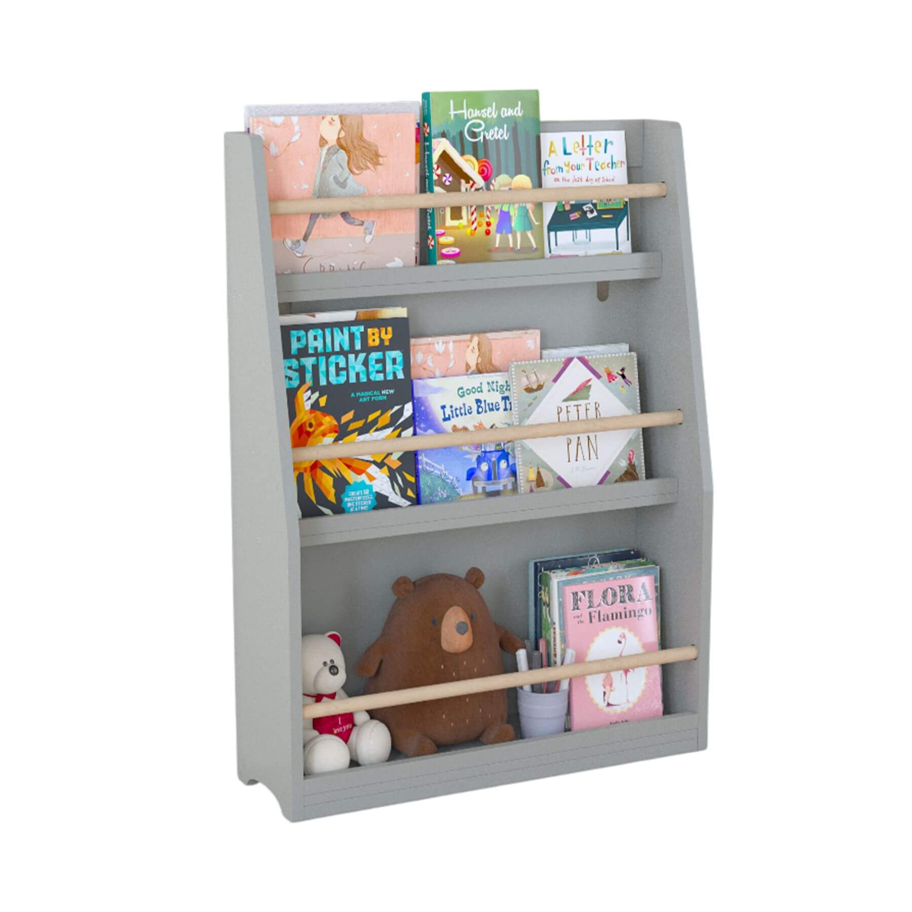 MOONRIVER 3 Tier Kids Book Shelf - Gray with books and toys on a white background