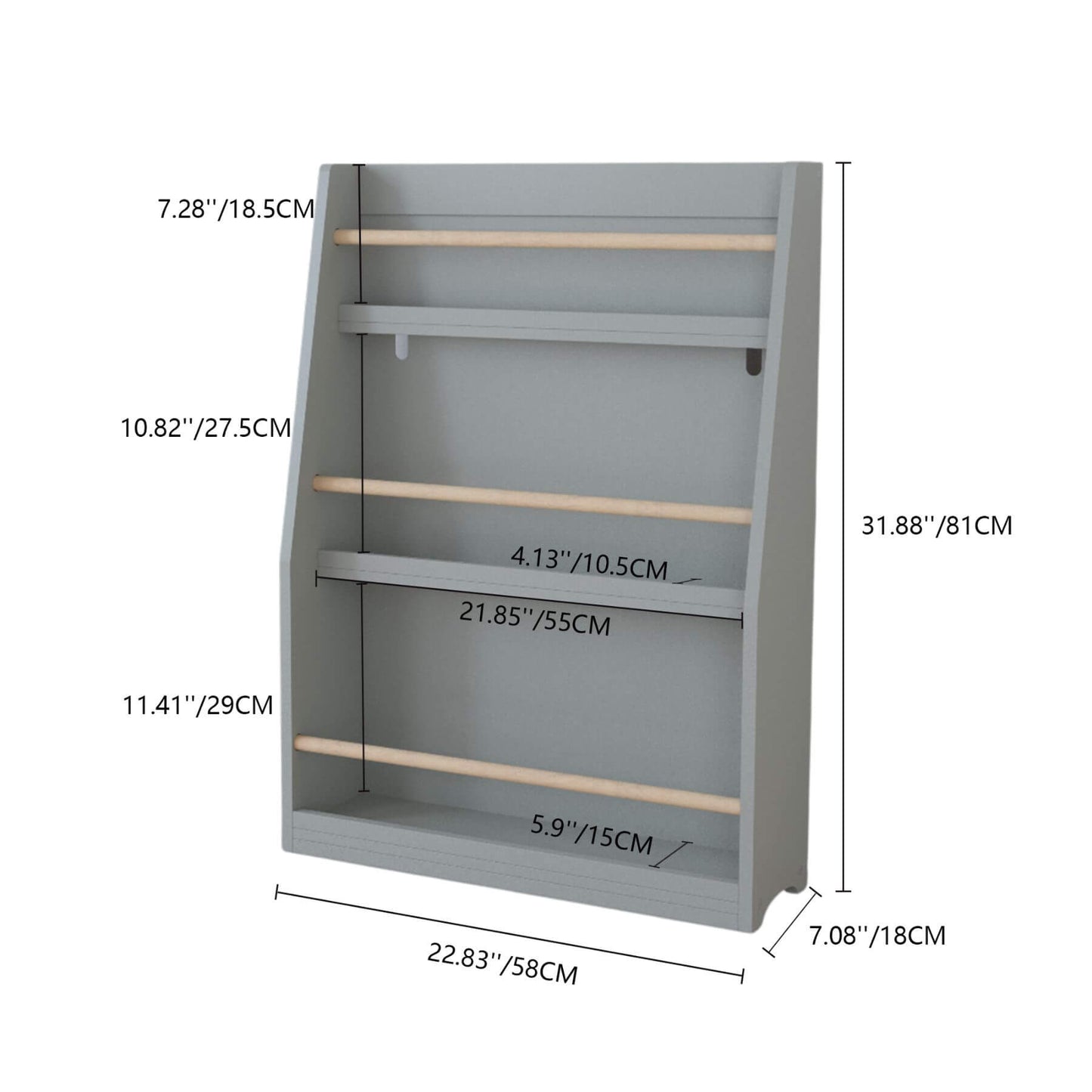 MOONRIVER 3 Tier Kids Book Shelf - Gray with dimensions labeled on a white background