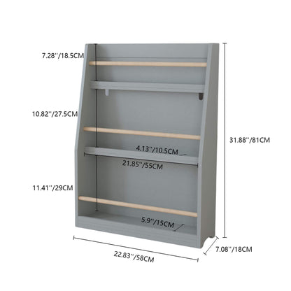 MOONRIVER 3 Tier Kids Book Shelf - Gray with dimensions labeled on a white background