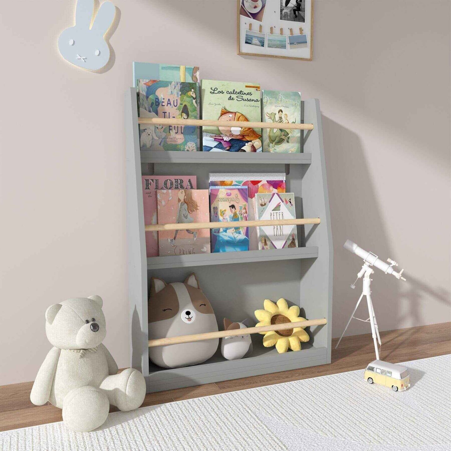 MOONRIVER 3 Tier Kids Book Shelf - Gray with books and toys in a room setting