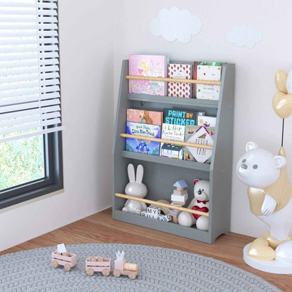 MOONRIVER 3 Tier Kids Book Shelf - Gray with books and toys in a room with a window and decorative items.