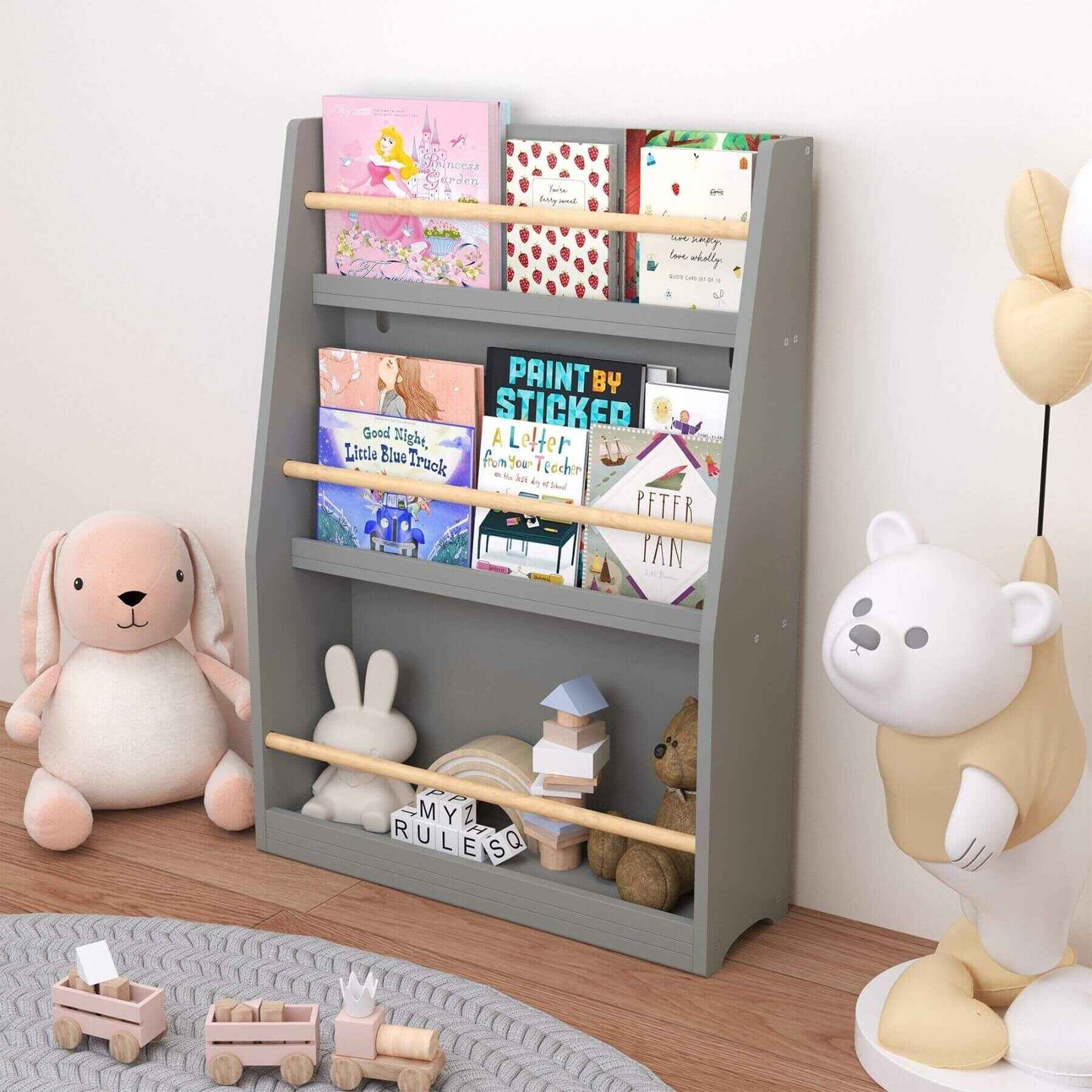 MOONRIVER 3 Tier Kids Book Shelf - Gray with books and toys in a room setting