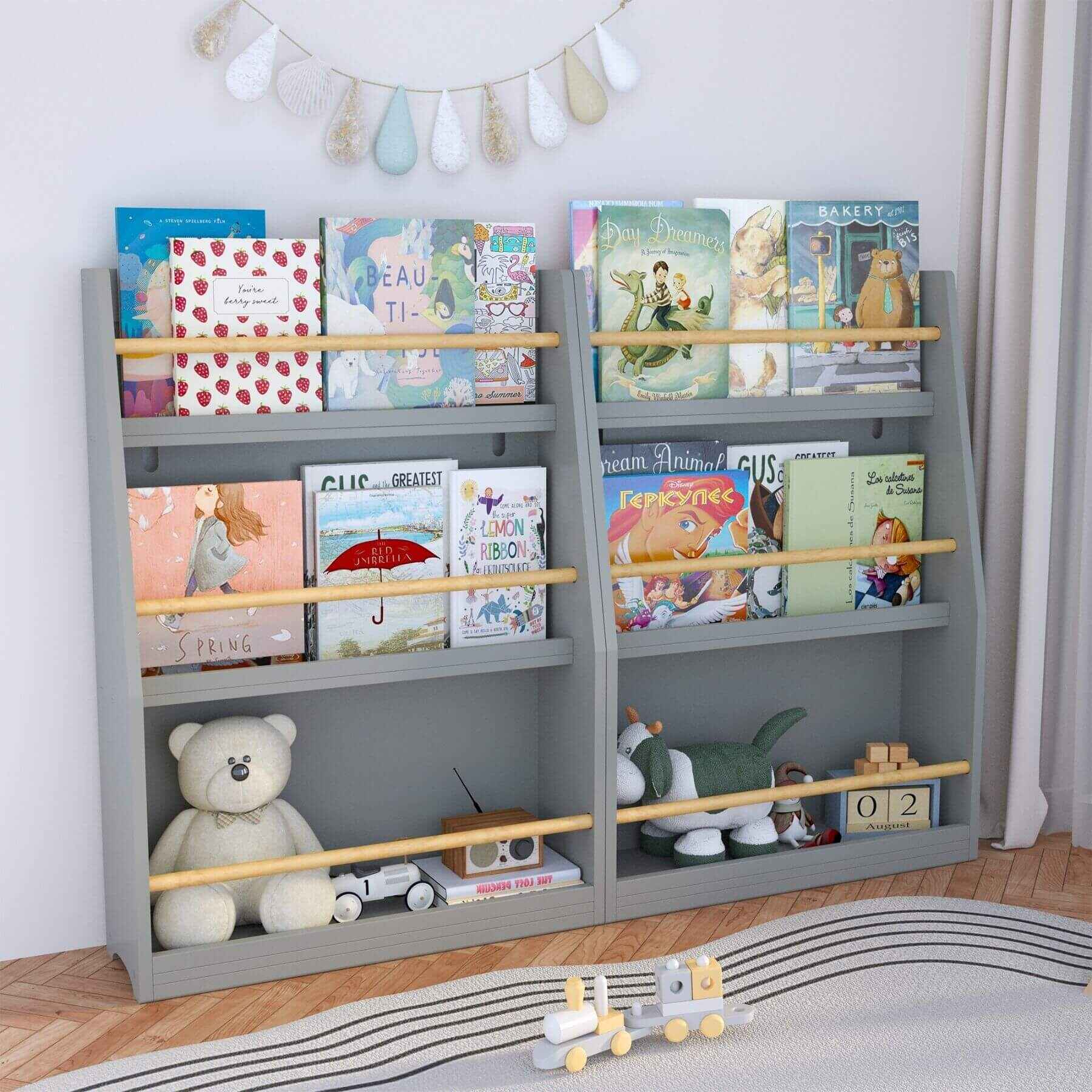 MOONRIVER 3 Tier Kids Book Shelf - Gray with books and toys in a room setting