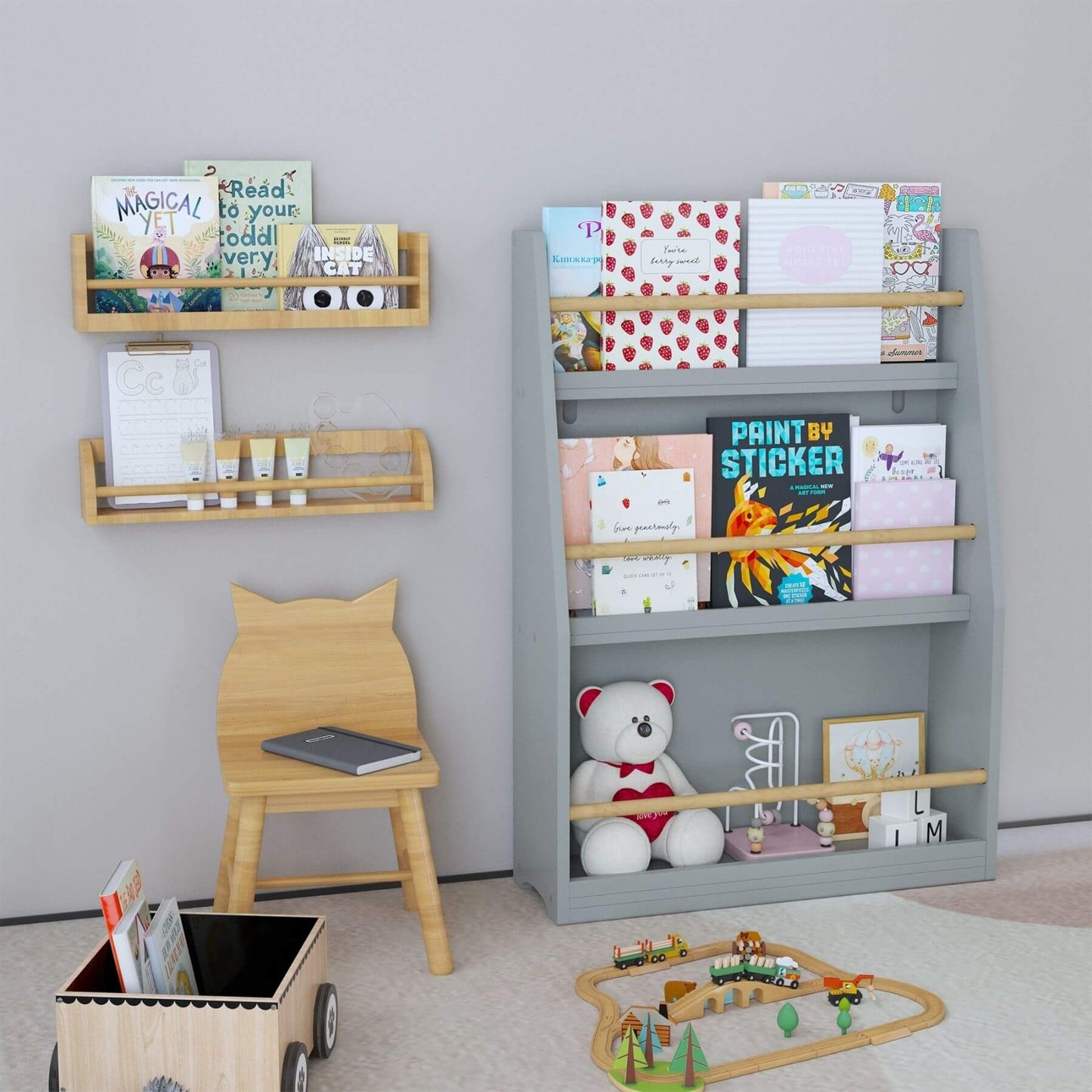 Children's room with shelves, books, a chair, and toys on a light gray background