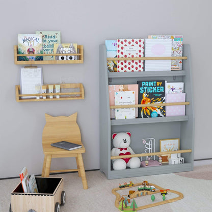 Children's room with shelves, books, a chair, and toys on a light gray background